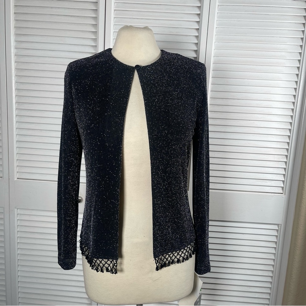 XSCAPE by Lawrence Kurtz Black Metallic Beaded Hem Open Front Jacket NWT Size S‎